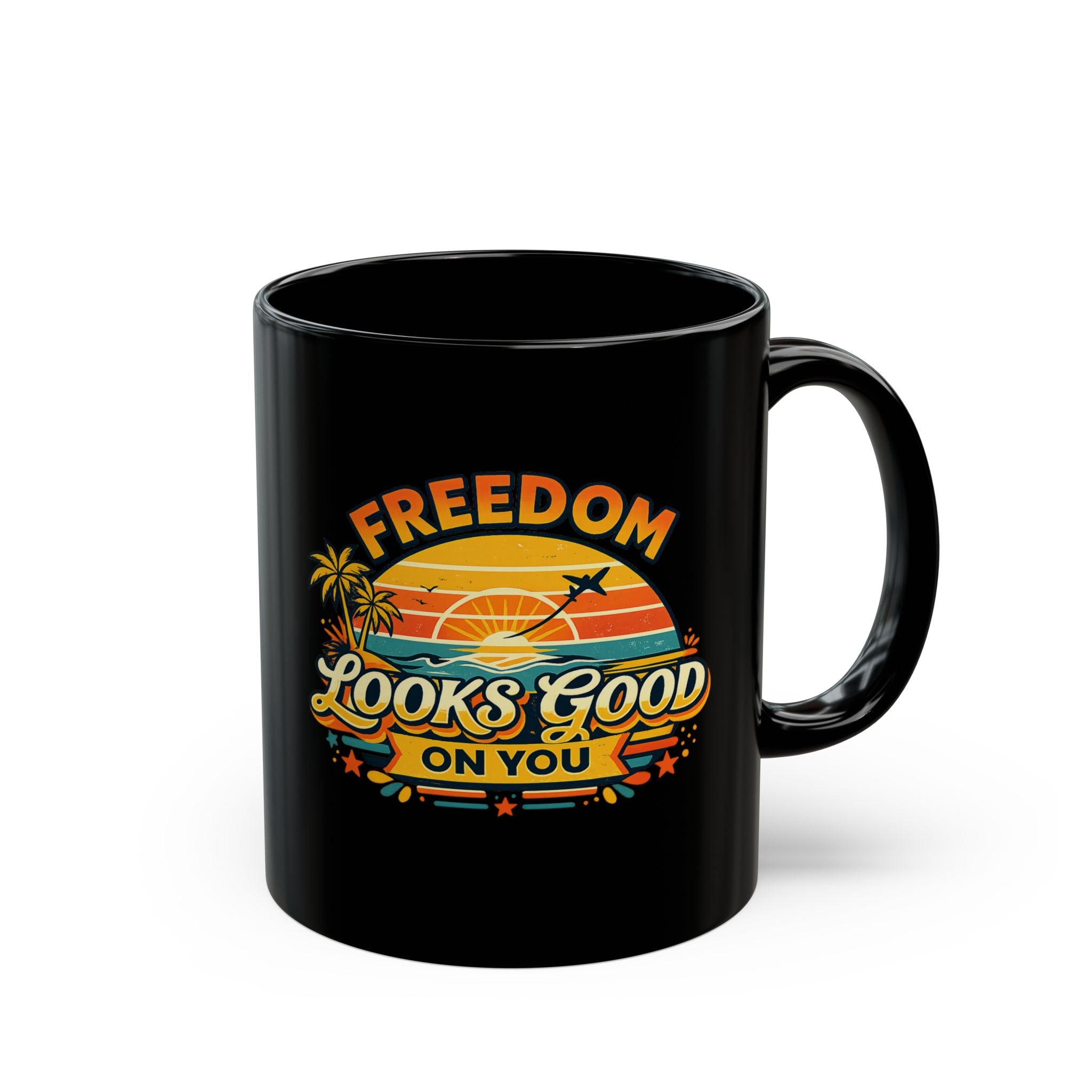 Freedom Looks Good On You Mug – Black Retro Travel Design